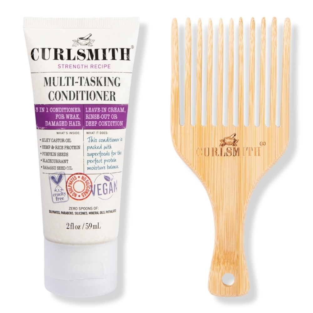 CURLSMITH MULTI-TASKING 3-IN-1 CONDITIONER & BRANDED BAMBOO HAIR PICK SET.